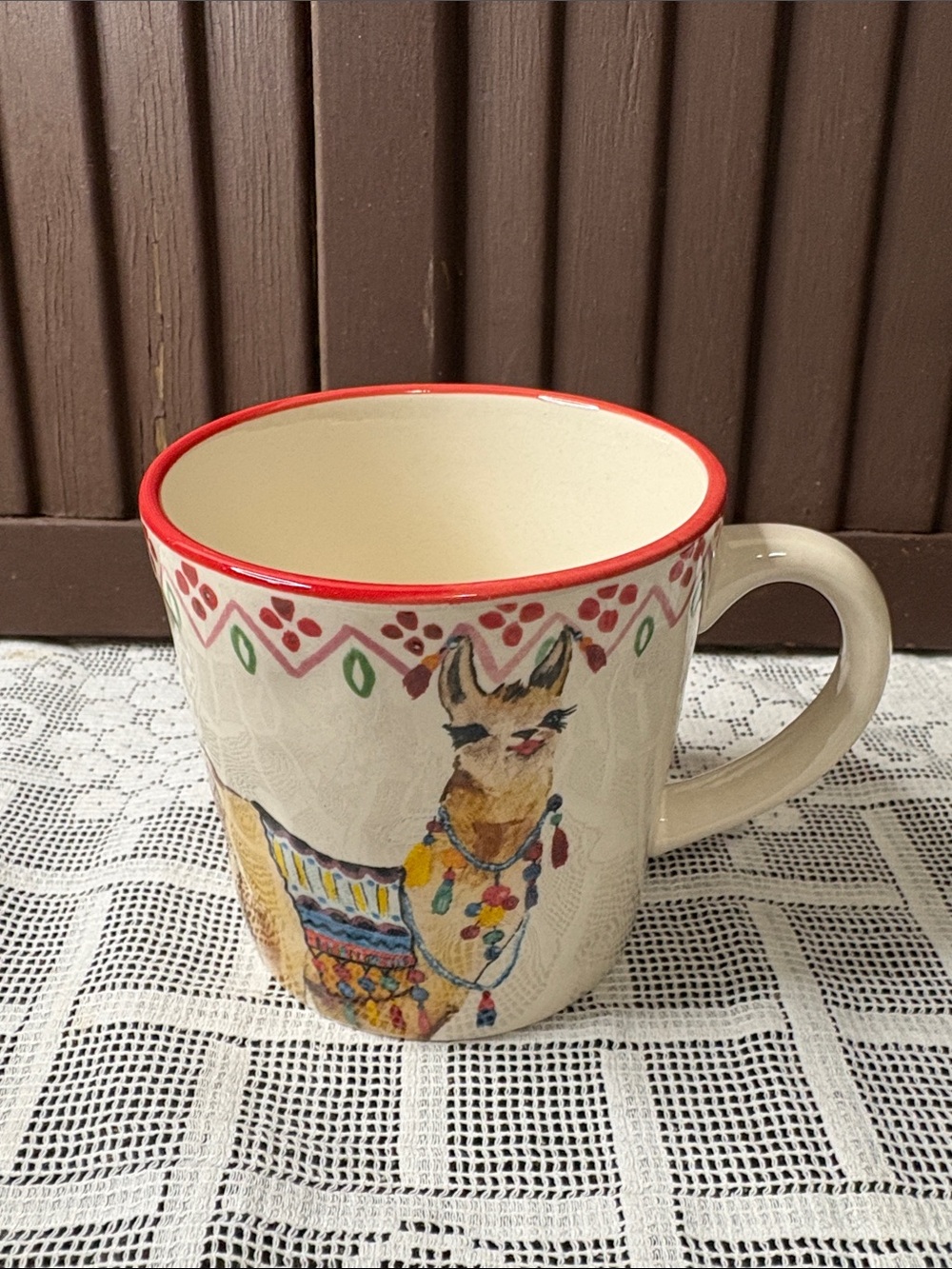 Hand-Painted Llama Ceramic Coffee Mug - Red Rim